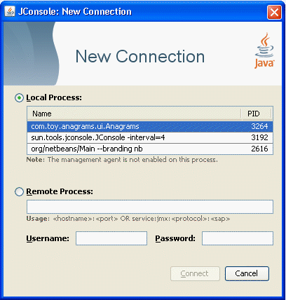 Attempting to connect to a local process without the
management agent enabled. JConsole cannot connect to this application.