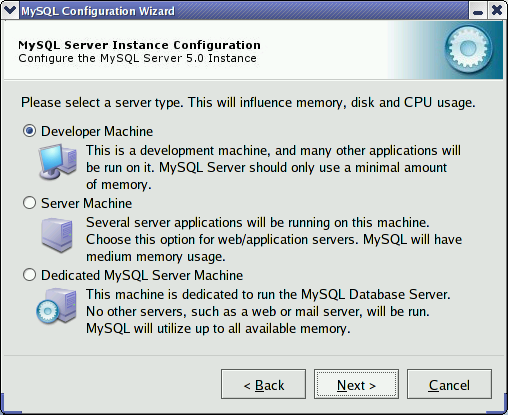 MySQL Server Configuration Wizard: Server
            Type