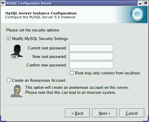 MySQL Server Configuration Wizard:
            Security